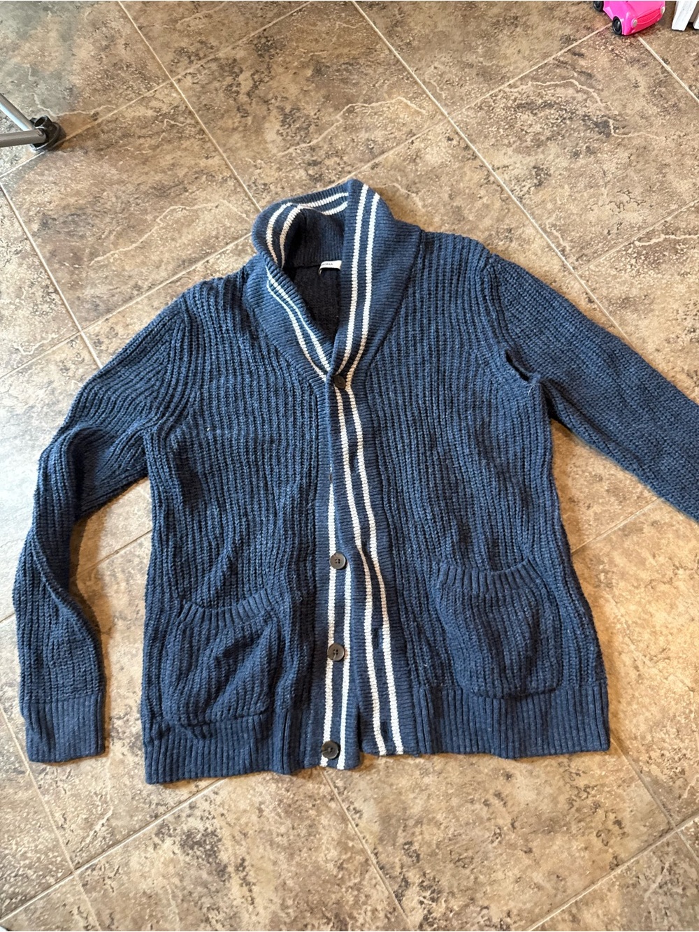 🧅Men's Navy Shawl Collar Button Sweater with Stripe Trim